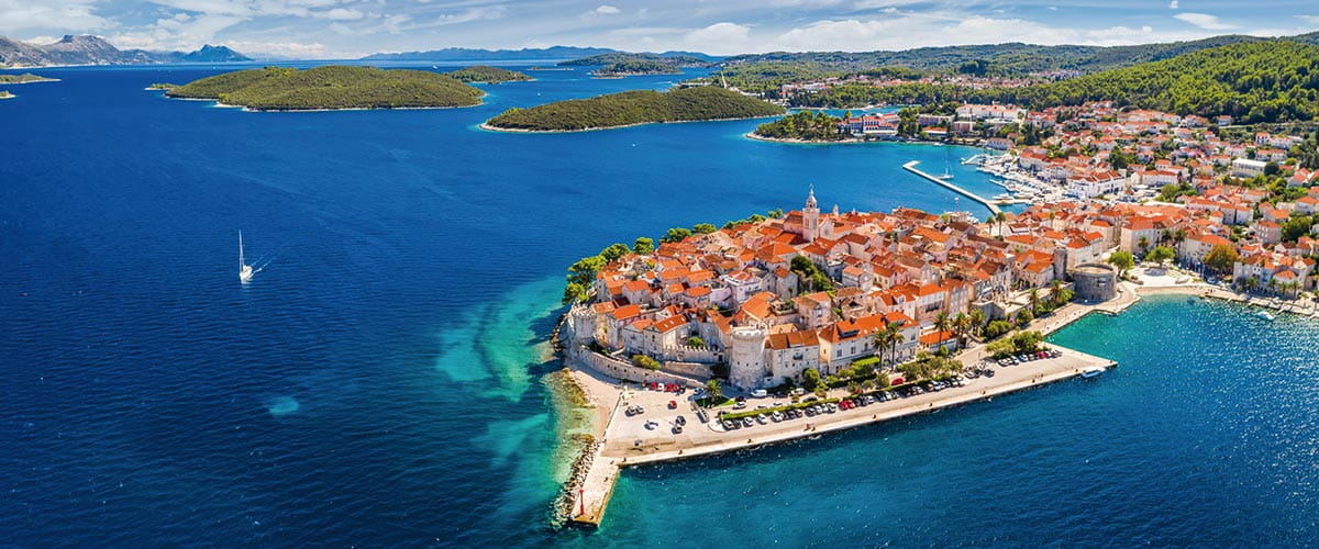 An aerial view over the coastal old town of Korcula, Croatia